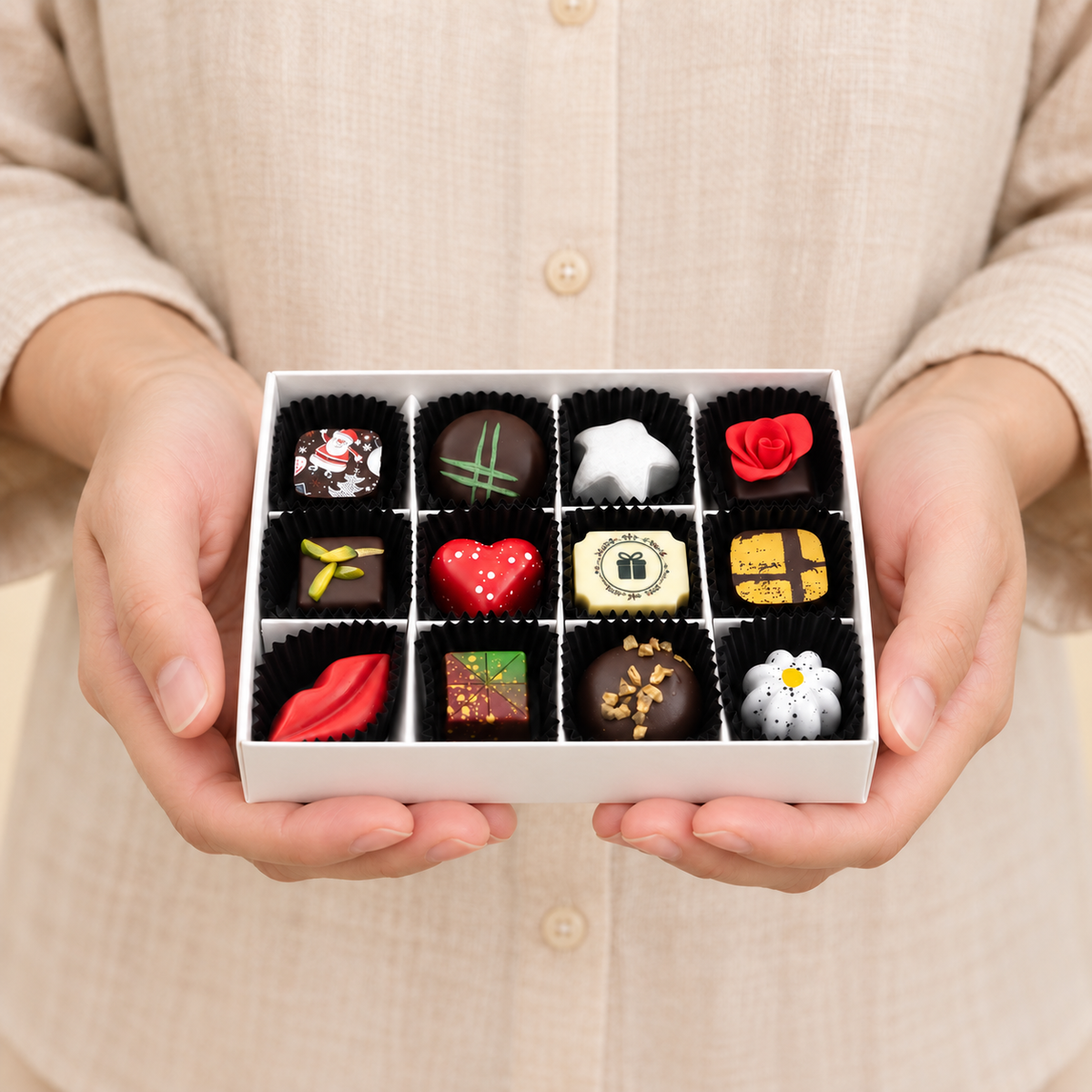 12 Exquisite Bonbons gift box held in adult hands — AI-generated size comparison, scale approximate.