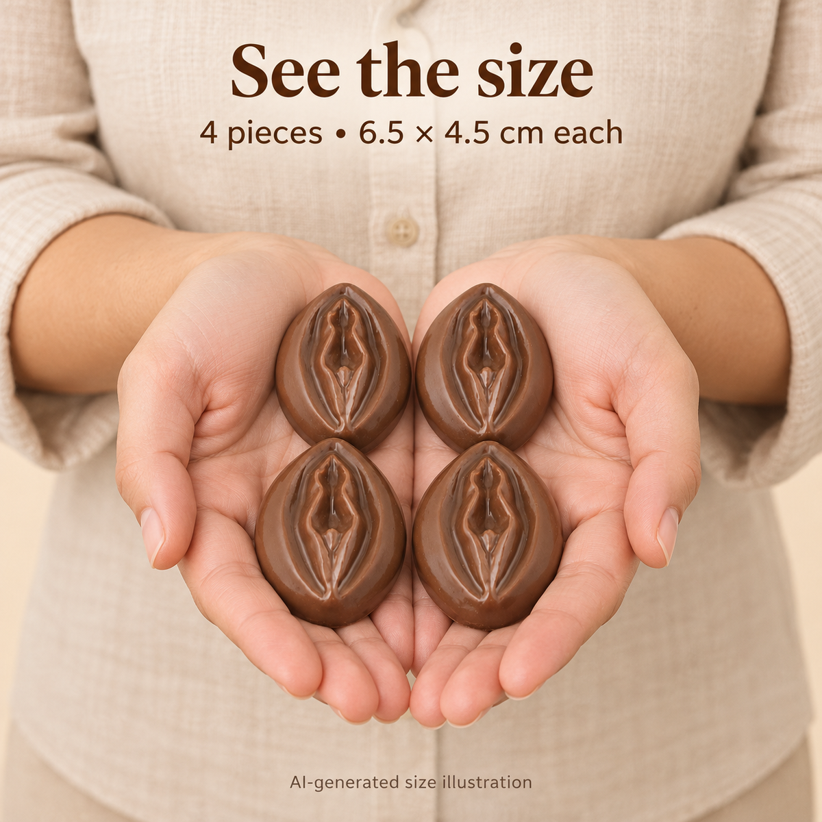 AI-generated size illustration: four Chocolate Pussy chocolates, each 6.5 × 4.5 cm, held in adult hands. Hand comparison is approximate.